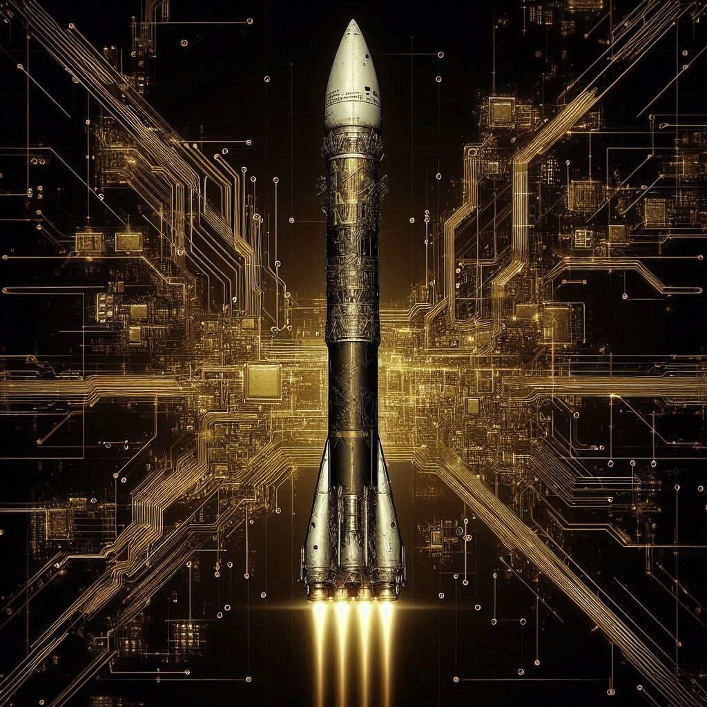 a black and gold image of a falcon 9 rocket with an electronics overlay and highlighted data lines